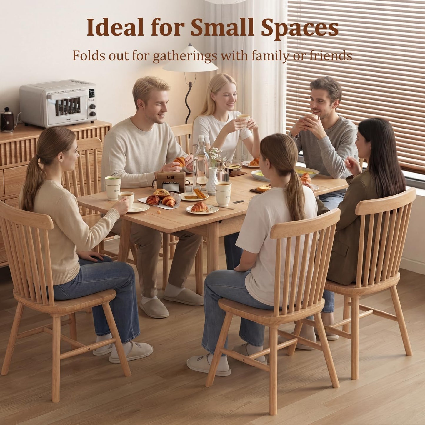 DONGMUWUJEE Solid Wood Small Dining Table, 23.6"L-47.2"L Expandable Kitchen Table for 2-6, Designed for Small Spaces, Easy Assembly, Suitable for Kitchen, Dining Room, Living Room, Apartment (Natural)