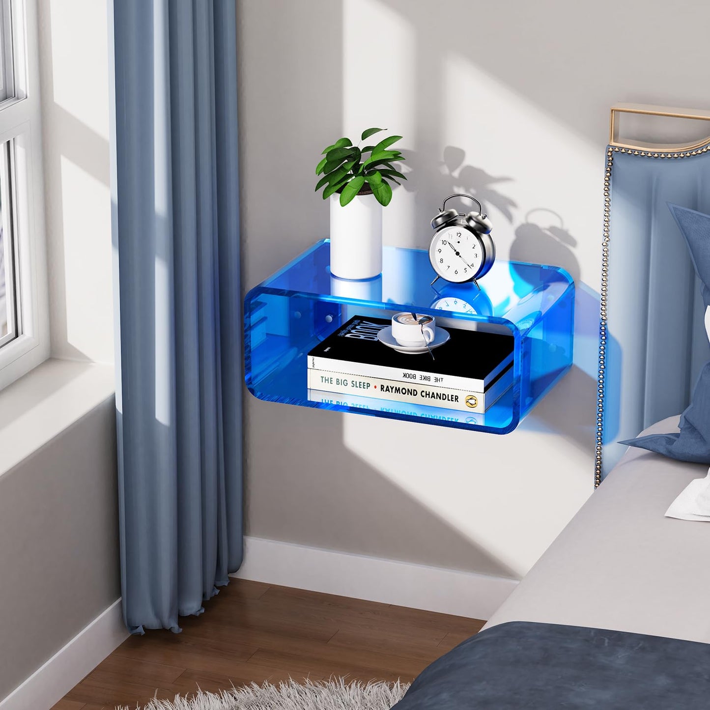 Acrylic Floating Nightstand, Bedside Table, Nightstand Shelf Wall Mounted Bedside Shelf (Blue, Small)