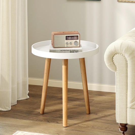 Giantex Round Side Table, End Table with Wooden Tray, Sturdy Tripod Stand & Premium Metal Connectors, Round Sofa Side Table for Living Room, Office, Bedroom Nightstand, White (1)
