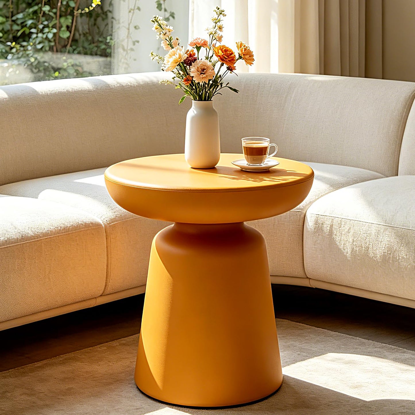 Modern Round Side Table, 16" Ginger Yellow PE Material Accent End Table, Mushroom Shaped Small Coffee Table for Living Room Bedroom Sofa Corner, Waterproof Pedestal Nightstand for Indoor/Outdoor