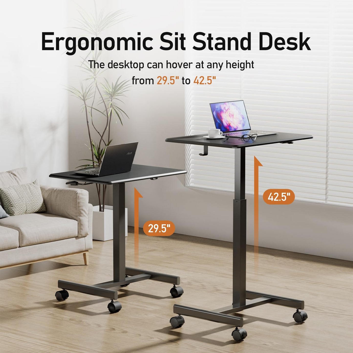 JUNHEDAMAI Mobile Standing Desk Adjustable Height, Portable Rolling Laptop Desk with Lockable Wheels and Hook, Sit Stand Up Desk, Standing Rolling Cart Desk with Gas Spring for Home, Office, Hospital