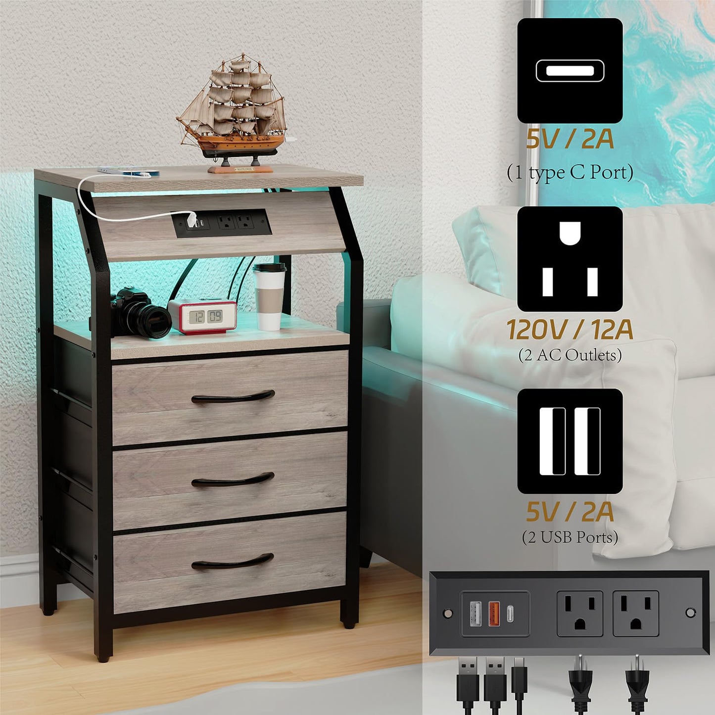 SZLHANJZ End Table with 3 Drawers, Night Stand with Charger Station and LED Lights, Small Nightstand with Fabric Storage, Farmhouse Side Table for Bedside, Living Room, Dorm, Greige