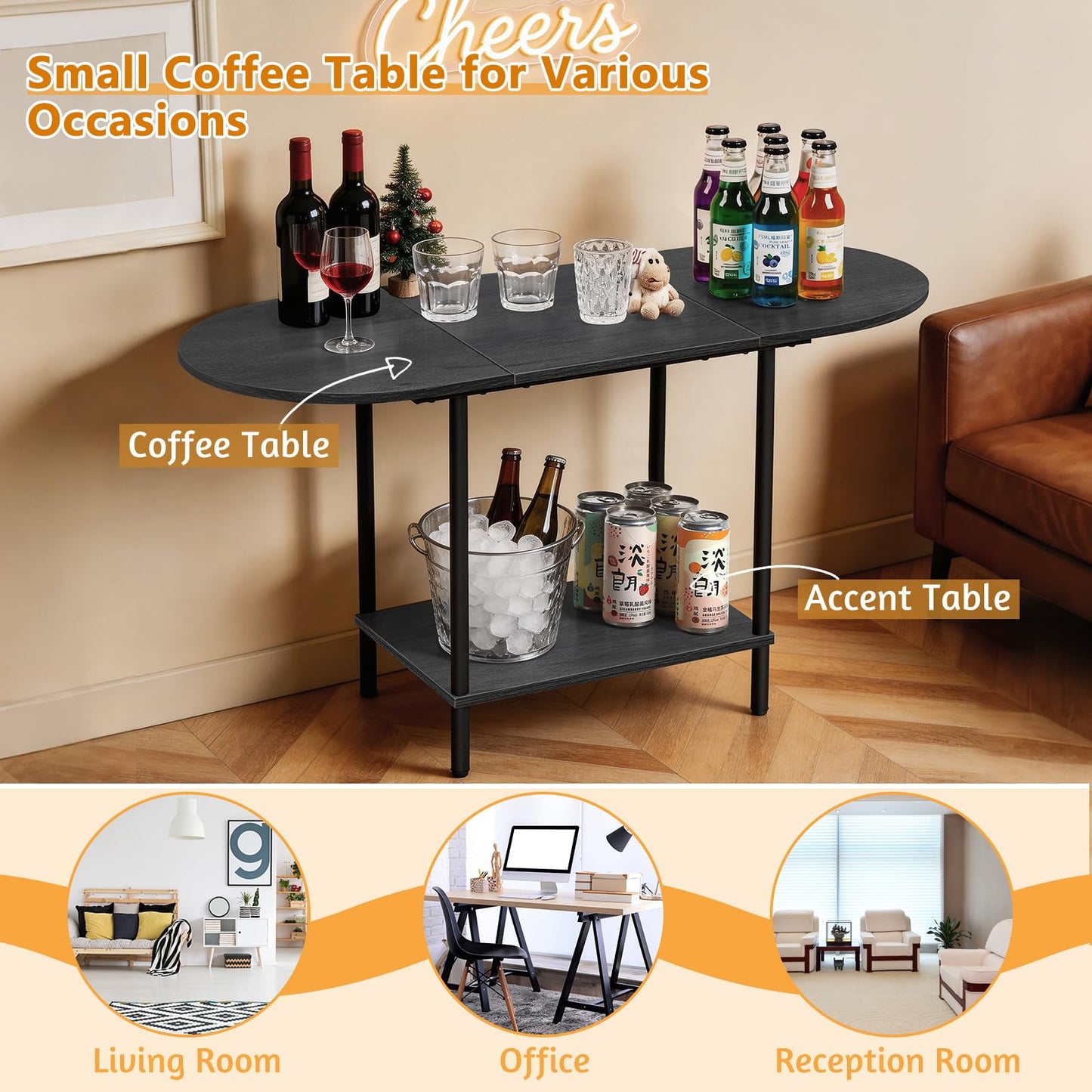 KANEODOT Small Coffee Table,35.4'' Oval Coffee Table with Storage Shelf & Metal Frame,Low Cocktail Tea Accent Table for Apartment,Modern Mid Century Small Living Room Table,Dark Gray