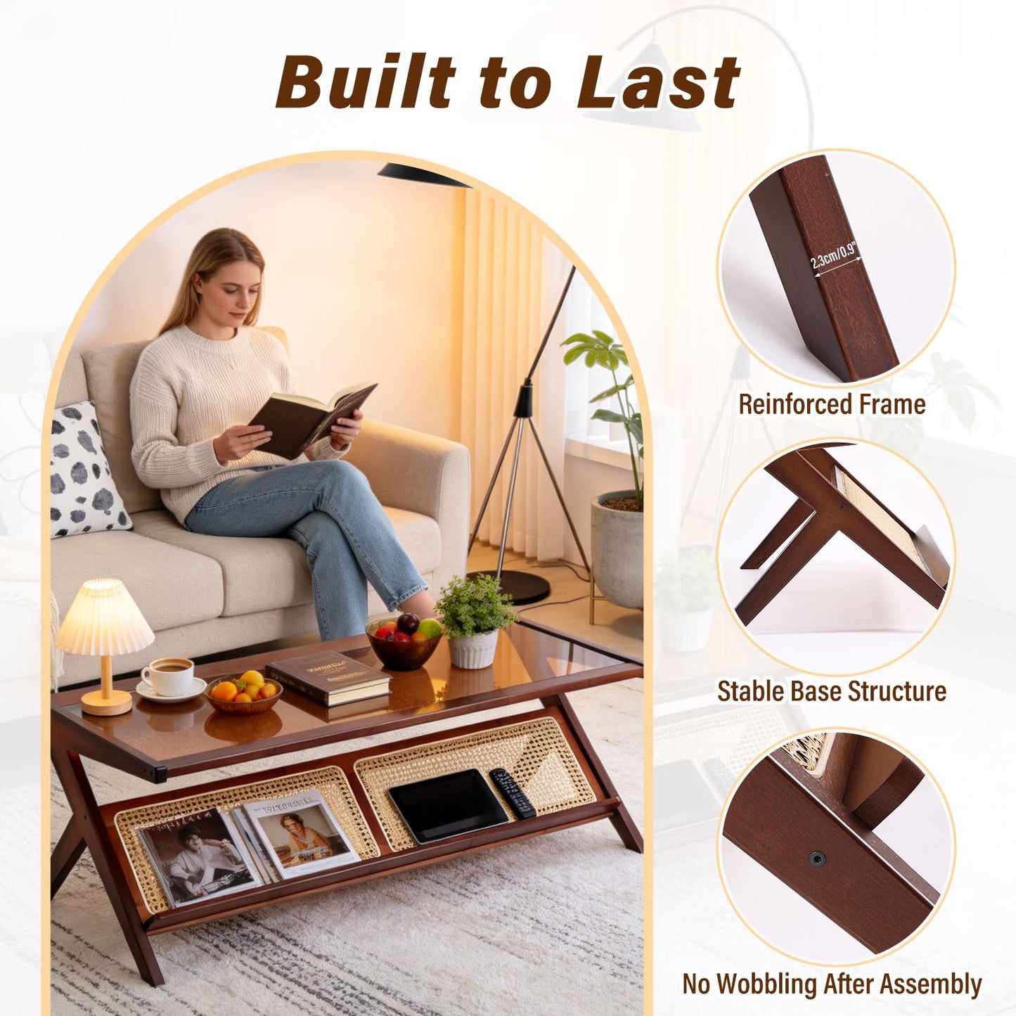 Tiita Rattan Coffee Table, Bamboo Accent Bedside Tables, Glass Nightstand Side Table, Boho Wooden End Table with Storage for Living Room,Living Room, Dining Room, Tea, Home Décor