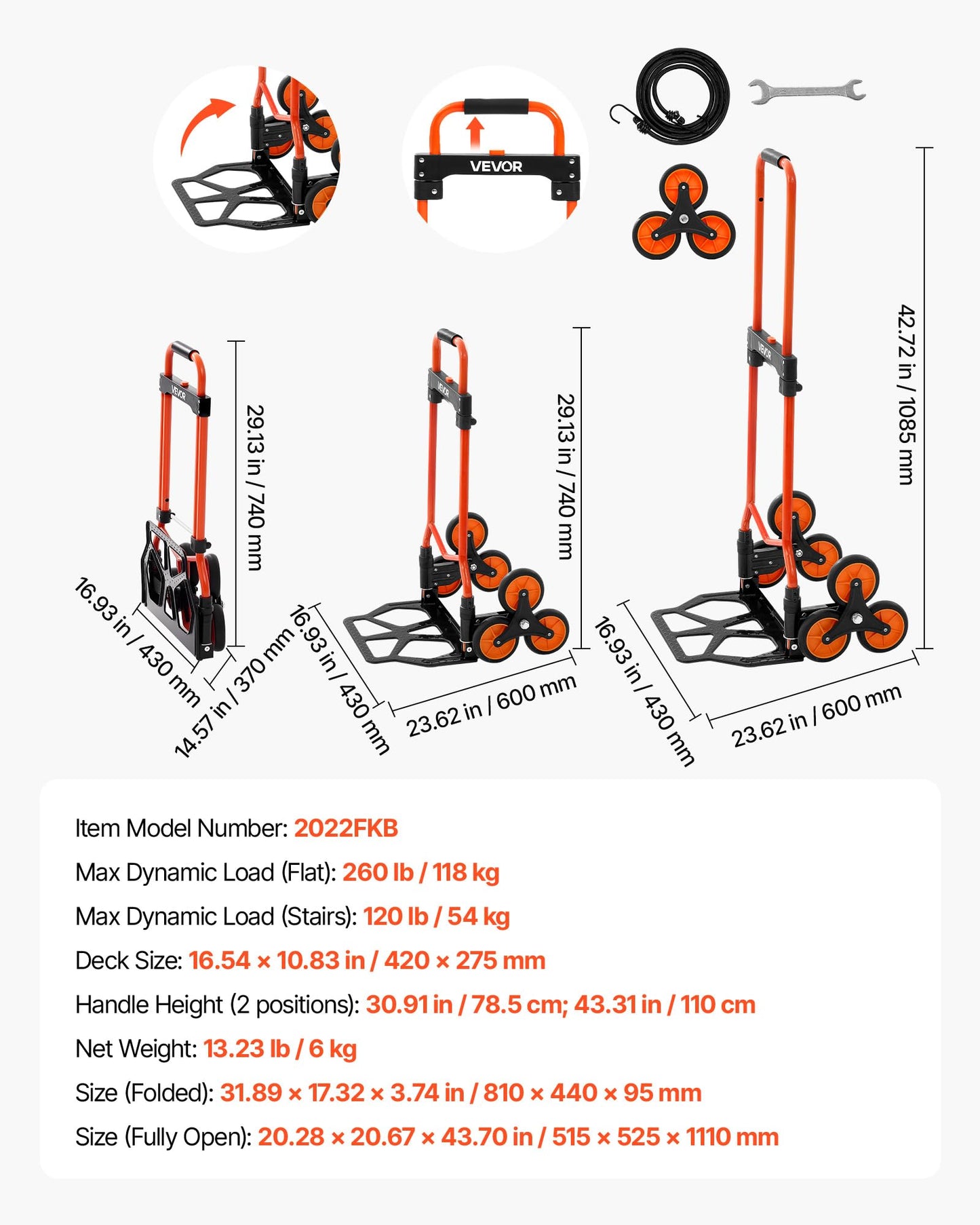 VEVOR Stair Climbing Cart 260 LBS, Portable Folding Aluminum Trolley Dolly for Stairs with Telescoping Handle, 6 Mute Wheels & 2 Ropes, Stair Climber Dolly for Home, Groceries, Warehouse