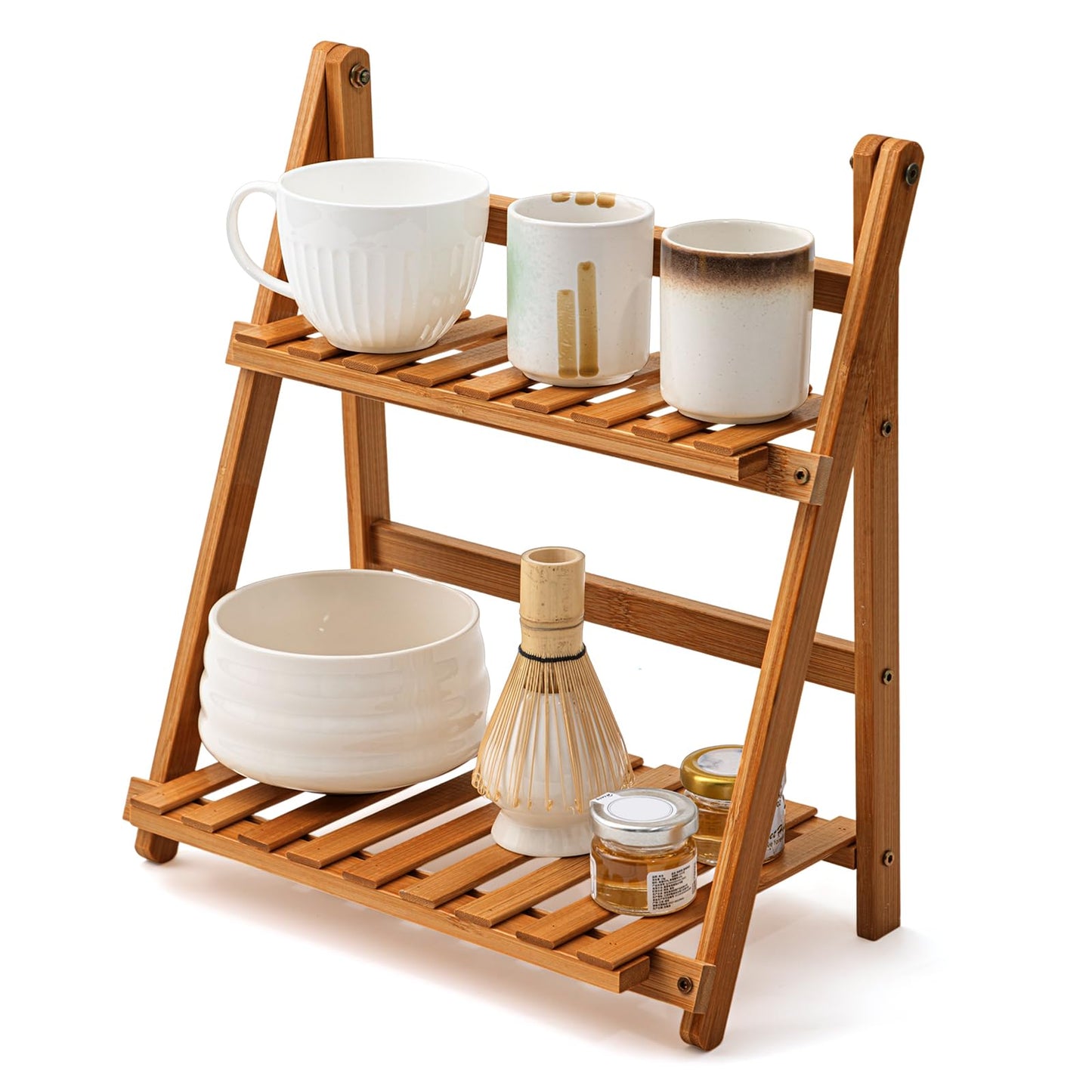Yalikop Matcha Station Shelf, 11.8'' Coffee Station Organizer, 2 Tiers Bamboo Mug Holder Countertop, Desktop Flower Pot Rack for Home Living Room Window Sill Foldable Display Storage Shelf(Brown)