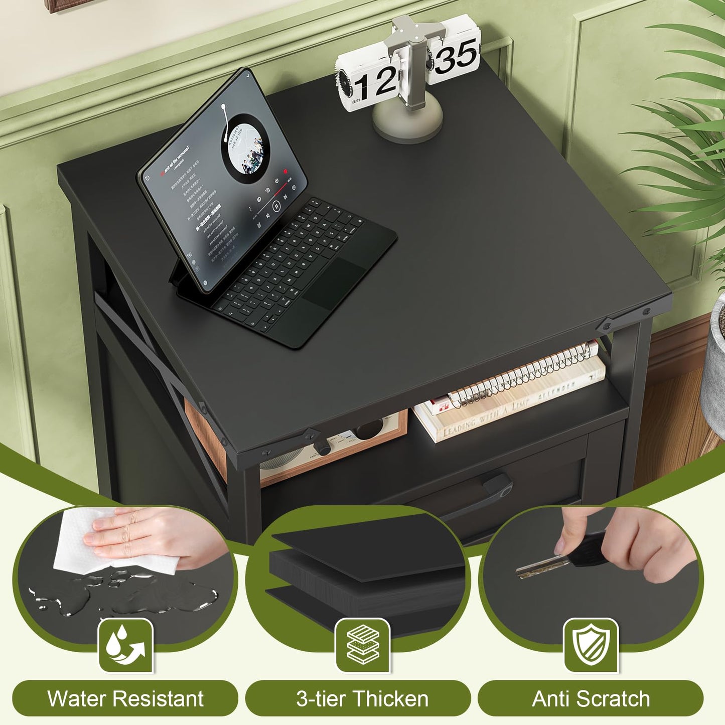 Farmhouse Filing Cabinet with Open Storage Space & Wheels,Printer Stand for Hanging A4/Files Letter,Office Filing Vertical Cabinet with 3 Drawers,Under Desk Storage Cabinets for Home Office.Black