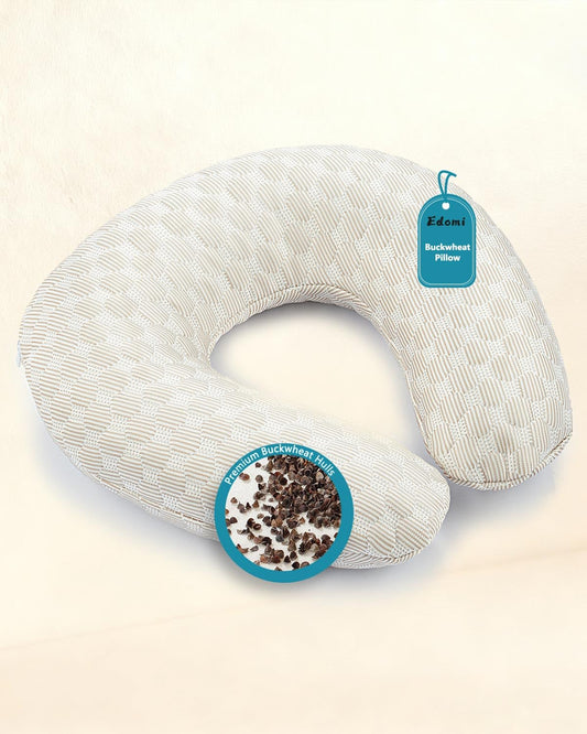Edomi Buckwheat Neck Pillow with Dual-Layer Pillowcase, 12''x12'' Adjustable Firm U Shaped Pillows, Breathable for Cool Sleep, Neck Support Buckwheat Hulls Pillow for Back Sleeper (Khaki)