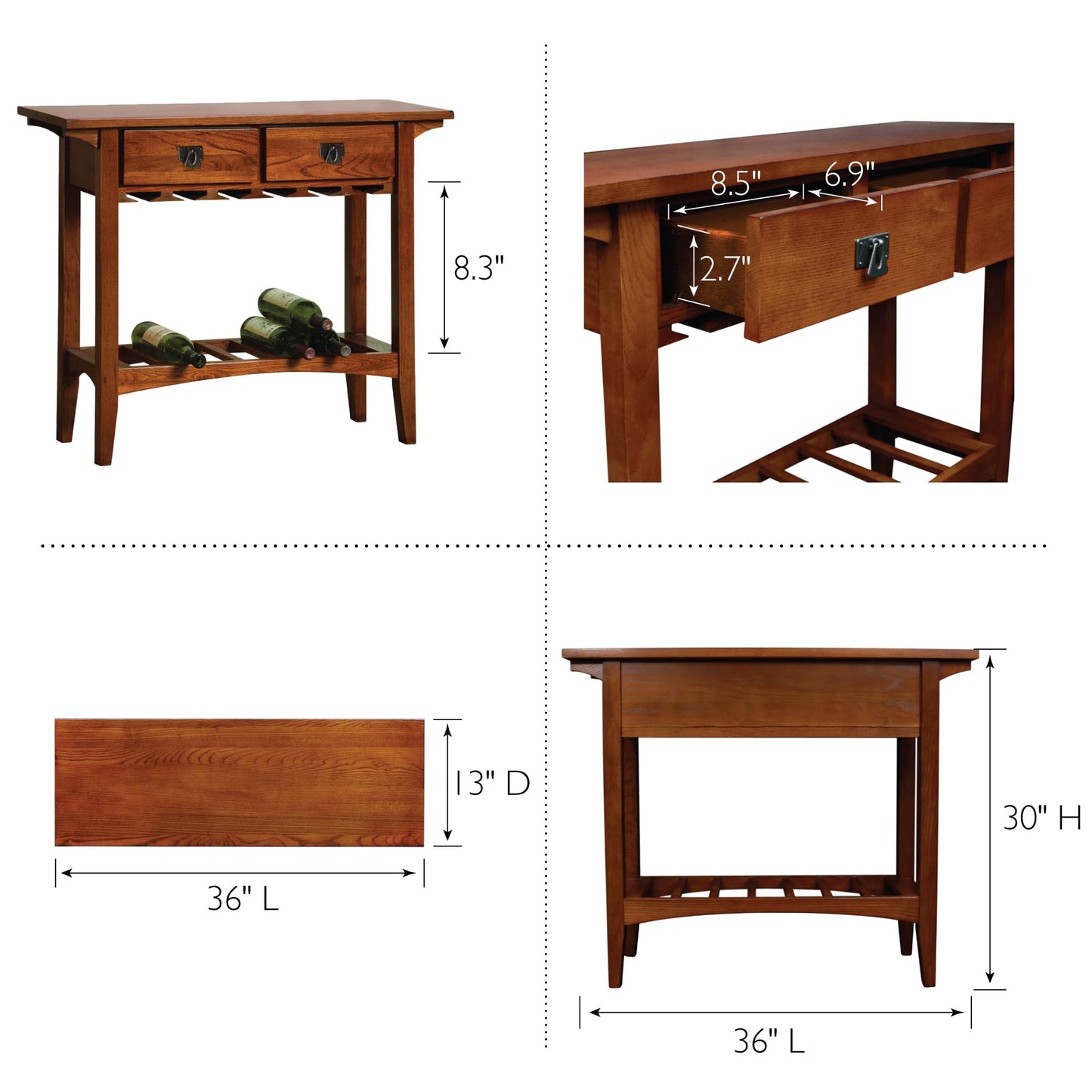 Leick Home 9061-RS Mission Wine Stand with Glass and Bottle Storage, Two Drawer, for Buffet, Dining Room, Living Room, Kitchen, Russet Finish