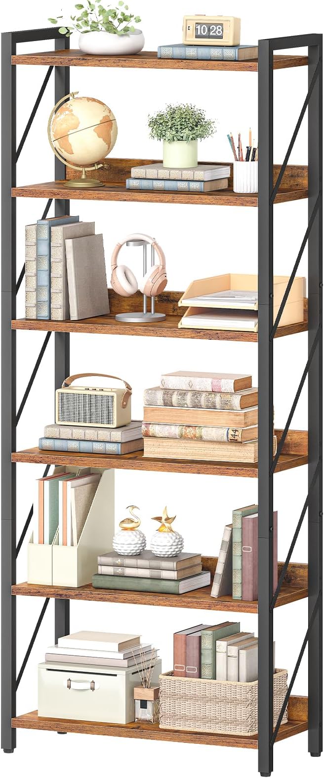 HOOBRO Bookshelf, 6-Tier Industrial Bookcase, Book Shelf Storage Organizer
