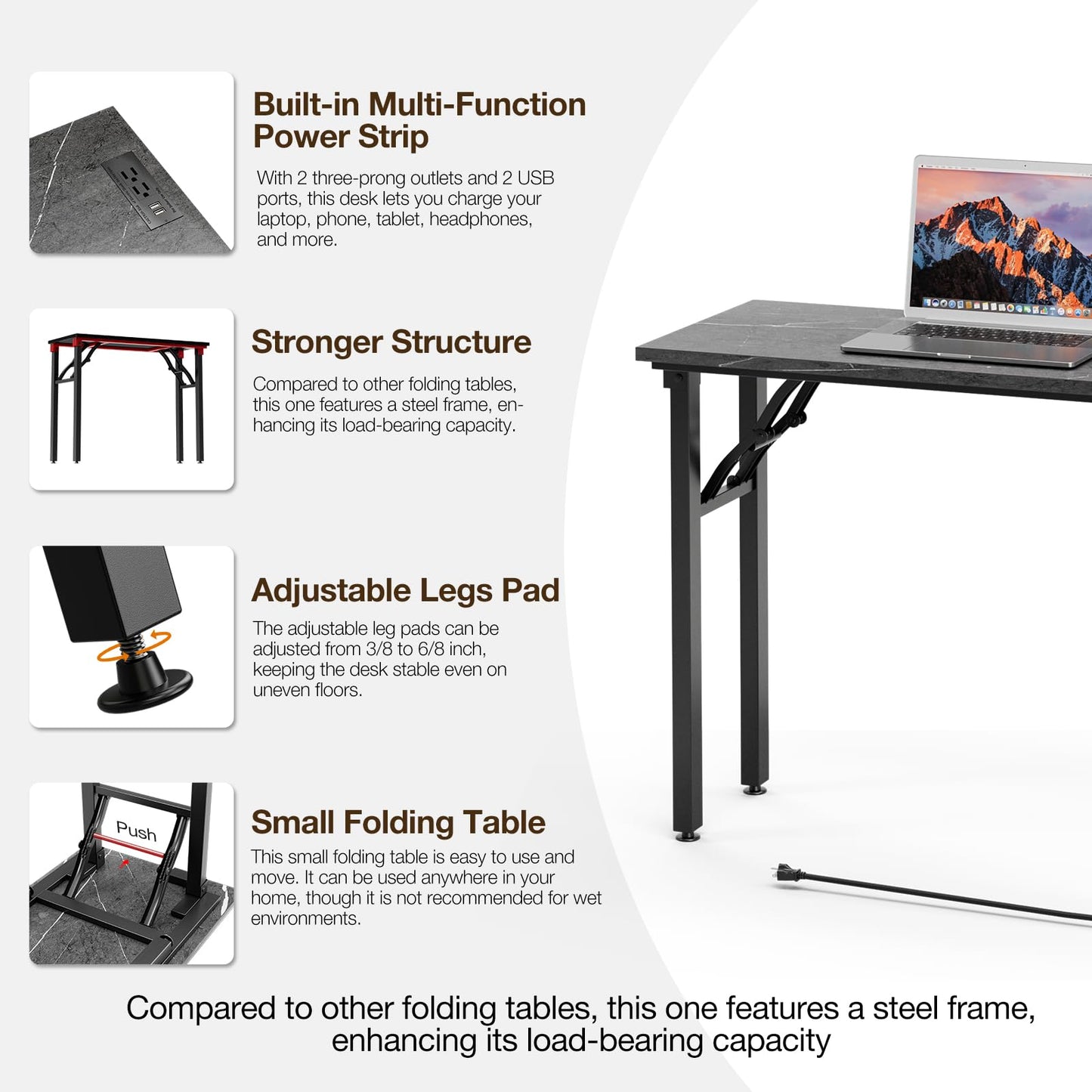 TEMI Small Computer Desk Folding Table - No Assembly, Compact 35.8" Foldable Desk with Power Outlets & USB Charging Port, Portable Small Office Desk, Ideal Mini Study Table, Marble Greige