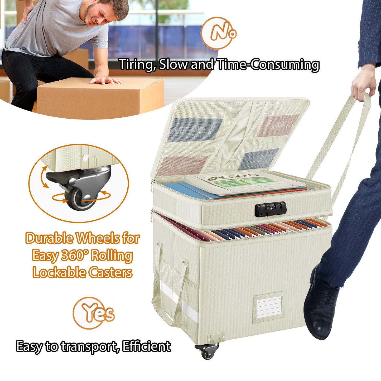 DocSafe Fireproof Document Box with Lock,2-Layer File Box with Wheels,Collapsible File Storage Organizer with Pockets,Large Portable Office Filing Cabinet for Hanging Folders,Beige,16''x13.8''x12.2''