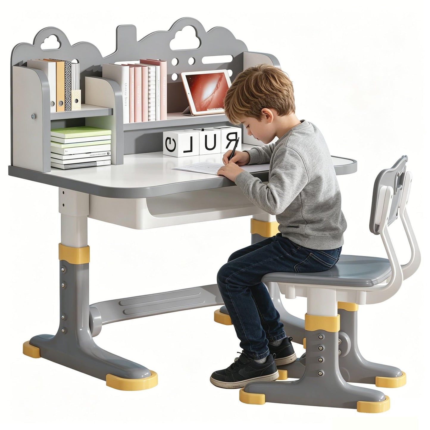 Kids Study Desk and Chair Set - Height Adjustable Study Writing Table with Bookstand and Storage Drawer, Child School Study Writing Table Ergonomic Widened Desktop Art Desk for Boy & Girl (Grey)