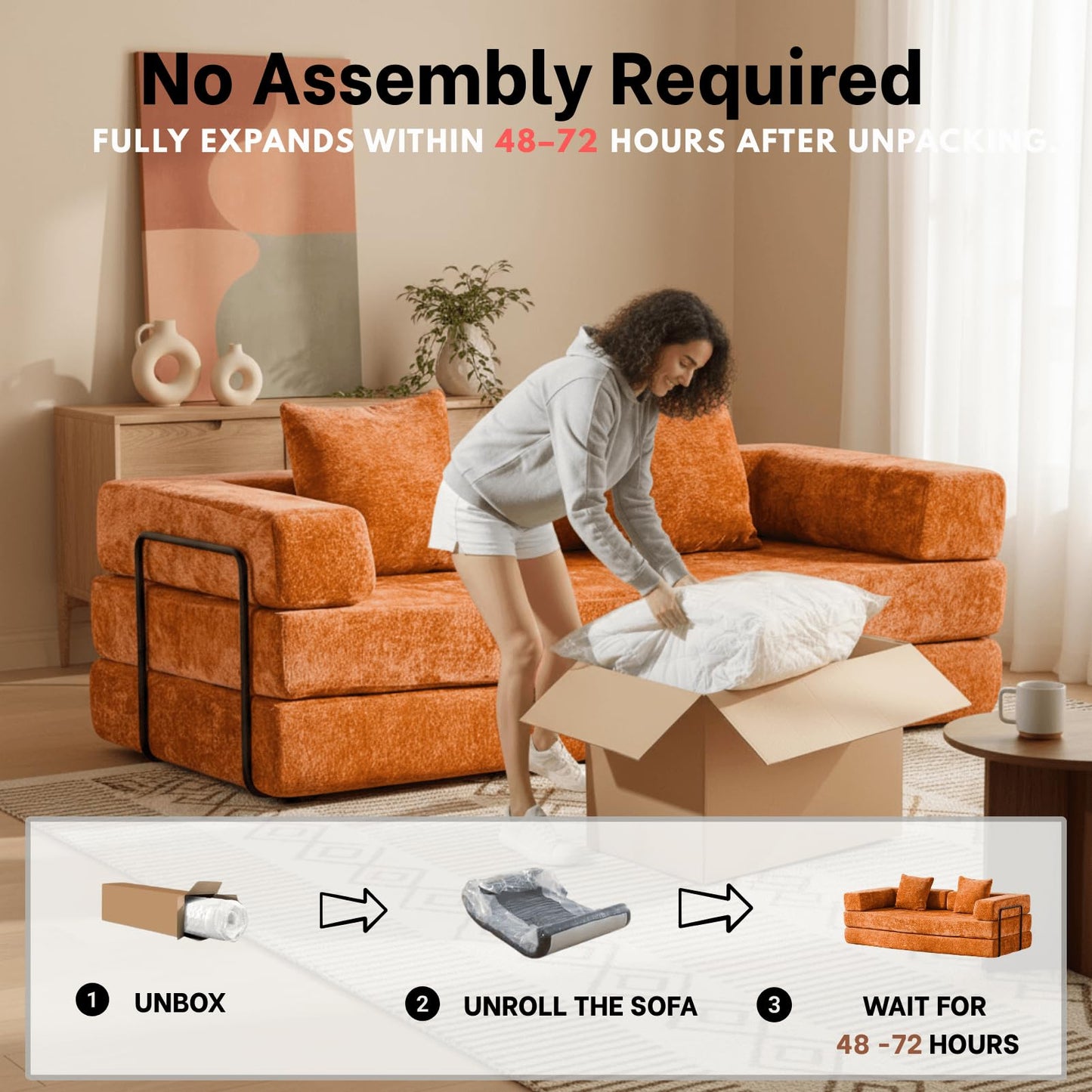 Alpen Futon Sofa Bed Full Size, 4-in-1 Sleeper Sofas with L-Shaped Armrests, Small Sofa Bed Couch for Small Spaces Loveseat Sleeper for Living Room Bedroom, Chenille, Orange