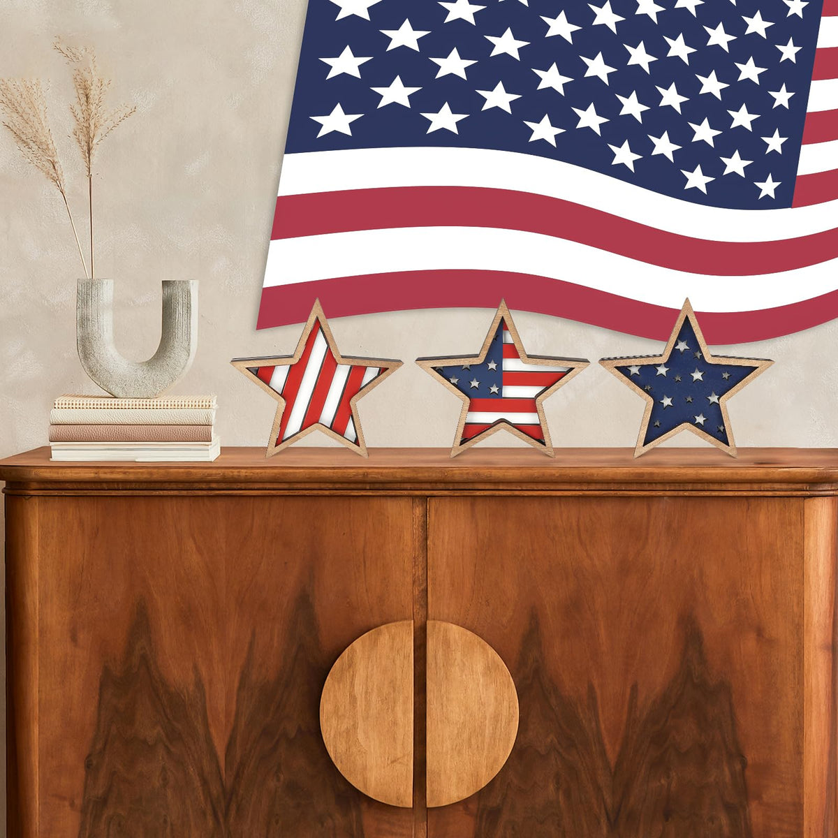 COCHIE 4th of July Decorations Wooden Stars, Patriotic Memorial Day Star Tiered Tray Decor Set of 3, Fourth of July Red White Blue Decoration for Home Office Table Shelf (Flag Hollow)