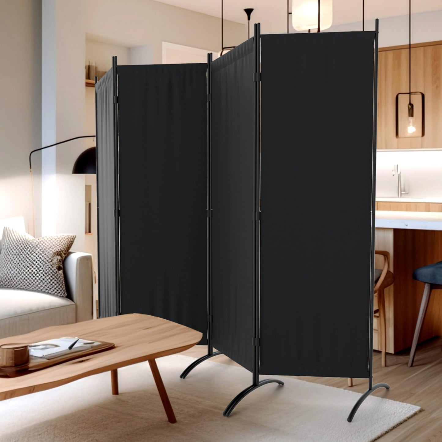 Kecreque Room Divider 4 Panel Partition Room Dividers and Folding Privacy Screens with 5 Curved Metal Feet Portable Divider Wall 88" W Temporary Wall for Office Divider Bedroom Dressing Room,Black
