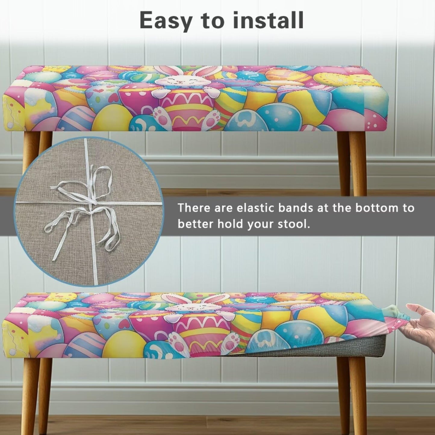 Cugasmaru Dining Bench Slipcover Pink Seat Cushion Protector Non Slip Stretch Dining Bench Cover for Living Room Kitchen Easter Bunny Decor