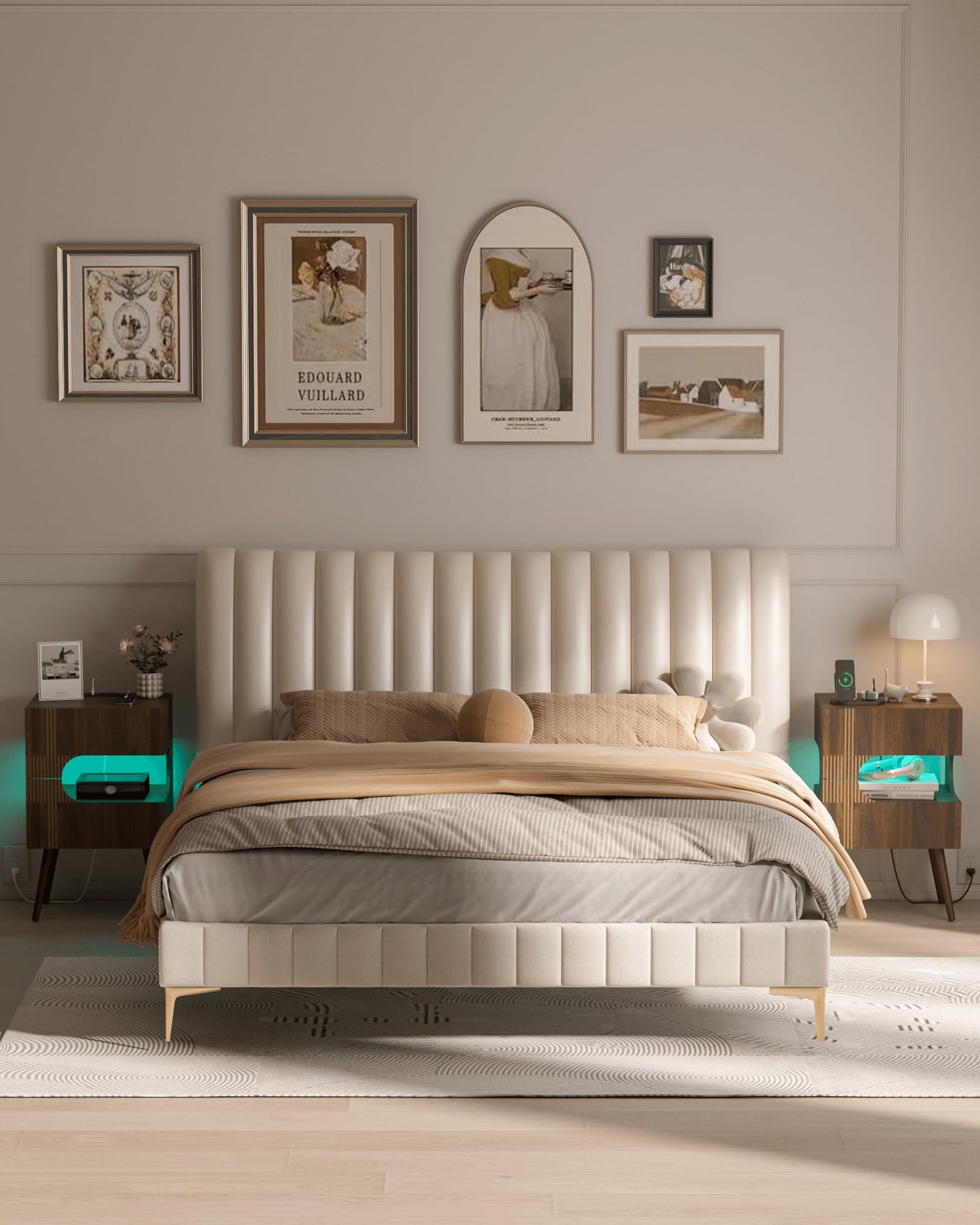 JOONEE Nightstand with Charging Station and LED Lights,Modern Bedside Table with 2 Storage Drawer,Night Stand with Solid Wood Legs,White (Walnut Brown)