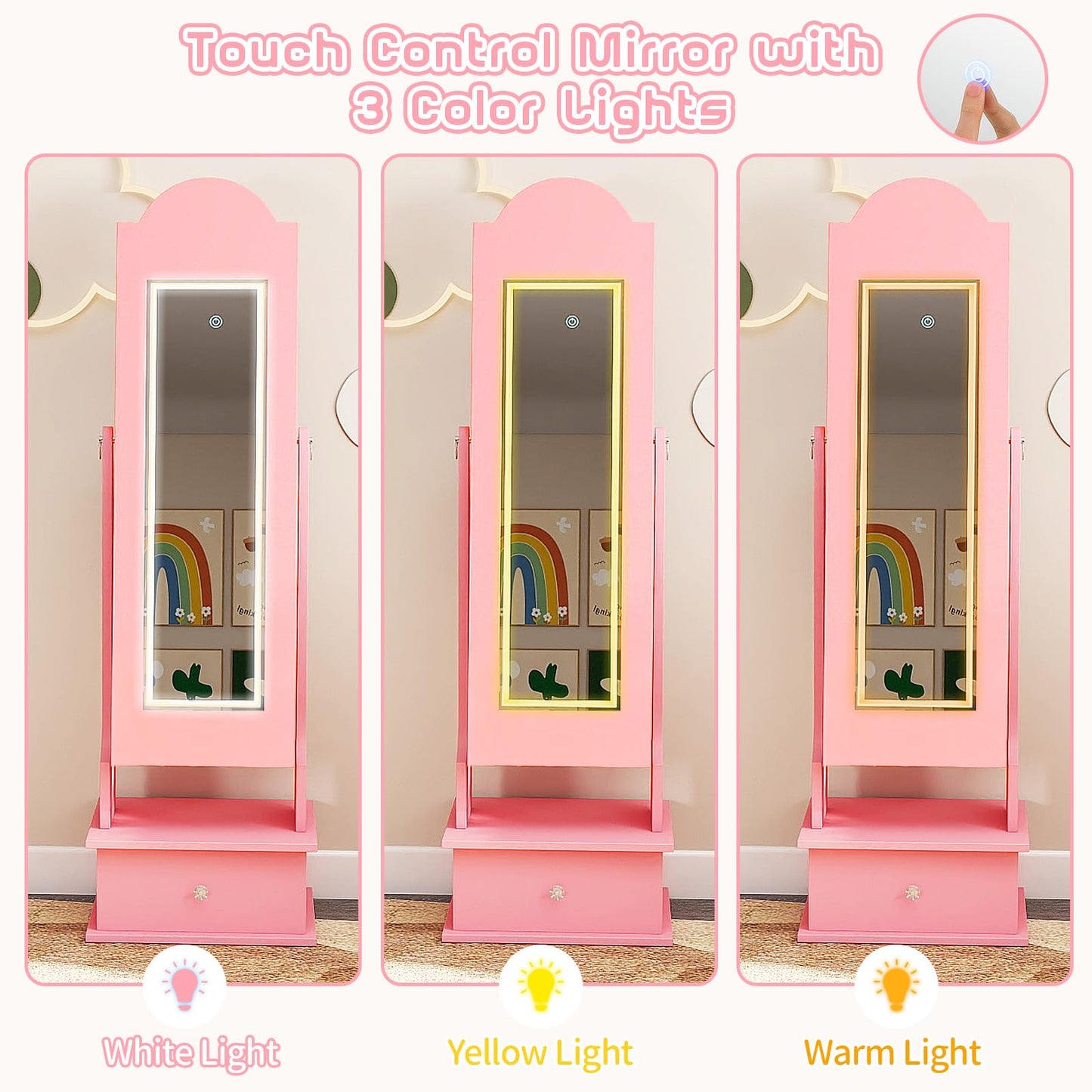 INFANS Kids Jewelry Armoire Cabinet with LED Lights, Lockable Standing Organizer with Full-length Mirror, Unicorn Theme Children Vanity Dress Up Storage Rack for Girls