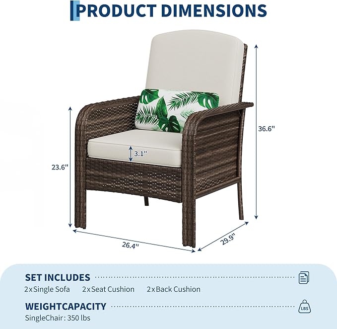 Garvee 2 Pieces Patio Furniture Set, Outdoor Wicker Chairs of 2, All Weather