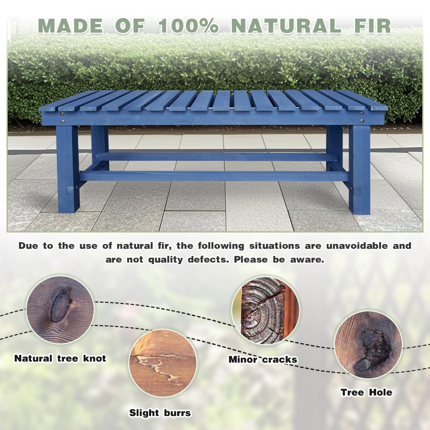 Outdoor Garden Wood Bench, 2-Person Weatherproof Wooden Bench Park Narrow Bench, Never Rot or Fade Waterproof Backless Bench for Entryway, Outdoor, Patio, Porch, Backyard and Park (Blue, 35.5''/90cm)