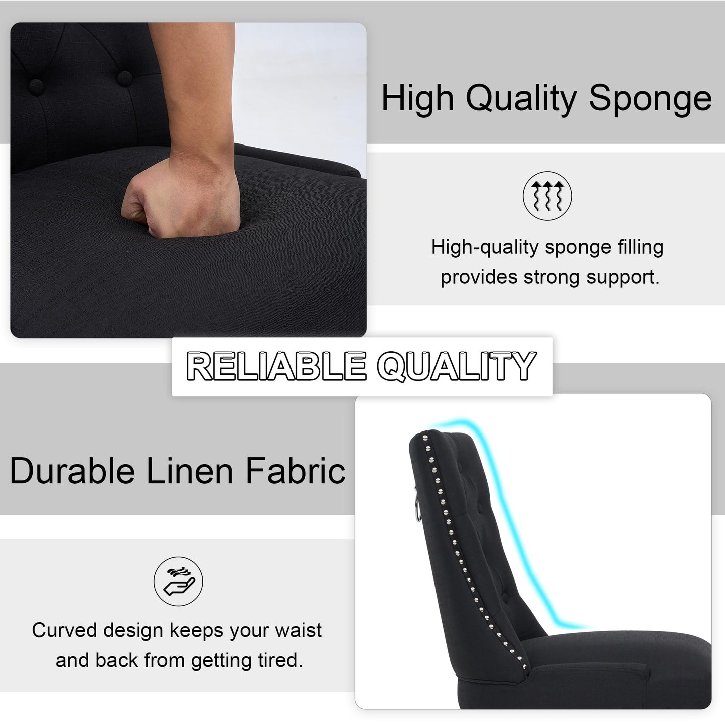 UDAX Modern Leisure Linen Dining Chairs Set of 4, Upholstered Dining Chair with Solid Wood Legs, Mid-Century Dining Room Chairs with Pull Ring and Tufted Backrest, Black
