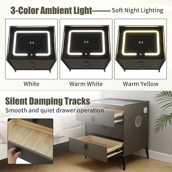 Smart Nightstand with Charging Station, Adjustable LED, USB Ports, Fingerprint
