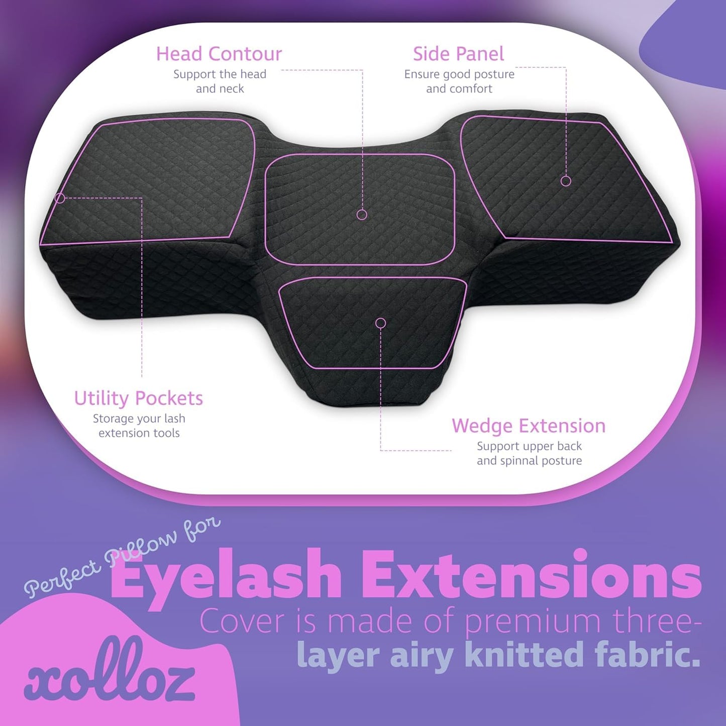 Lash Pillow for Eyelash Extensions - Curved Memory Foam Bed Pillow, Ergonomic Head Rest with Neck Support, Side Pockets for Tools, Fits Lash Beds for Tech – Black