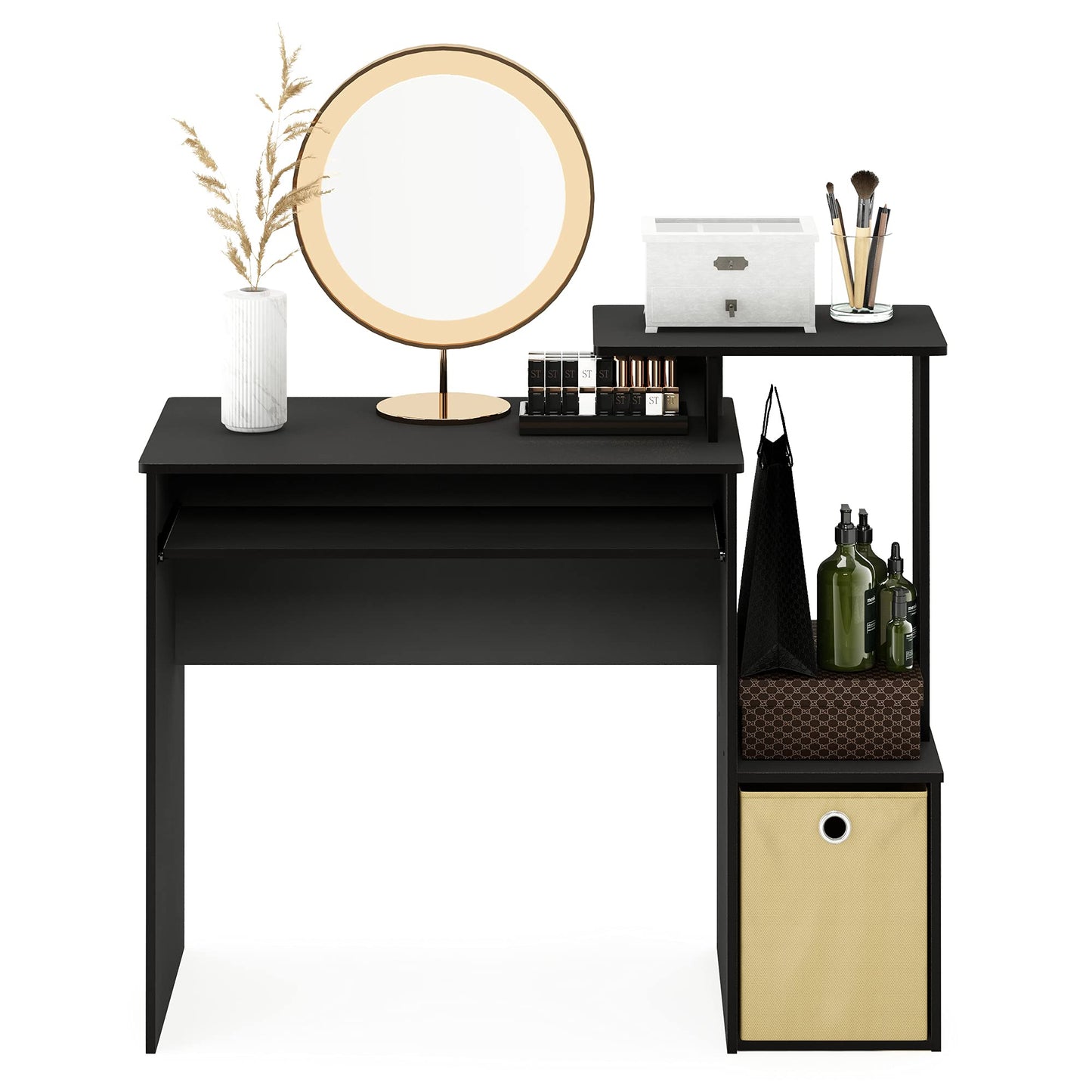Furinno Econ 40-Inch Black Computer Desk Side Shelves, Office Desk with Keyboard Tray and Storage Bins, Rectangular Gaming Desk for Home Office, Bedroom, Study Room, Classic Black