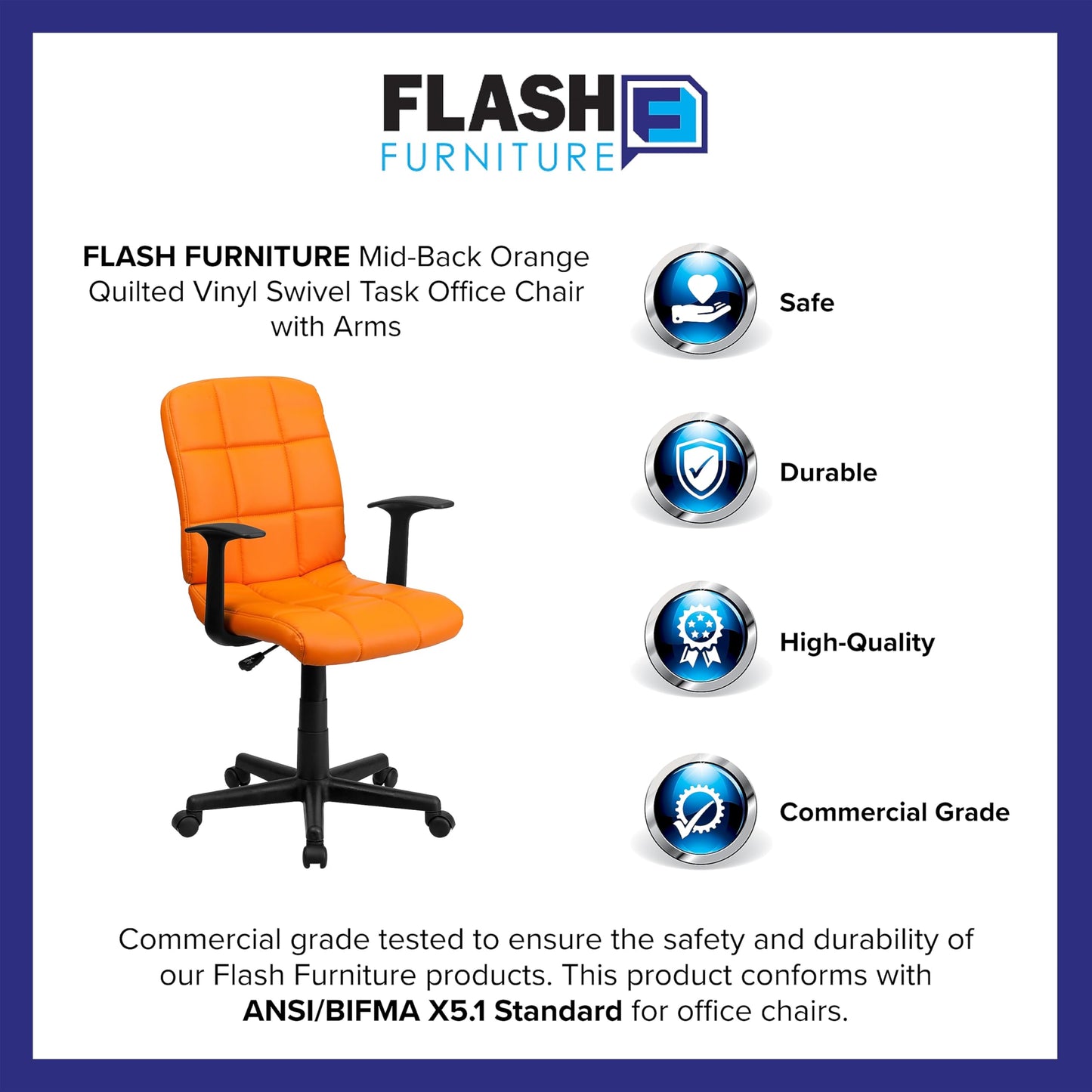 Flash Furniture Clayton Mid-Back Orange Quilted Vinyl Swivel Task Office Chair with Arms