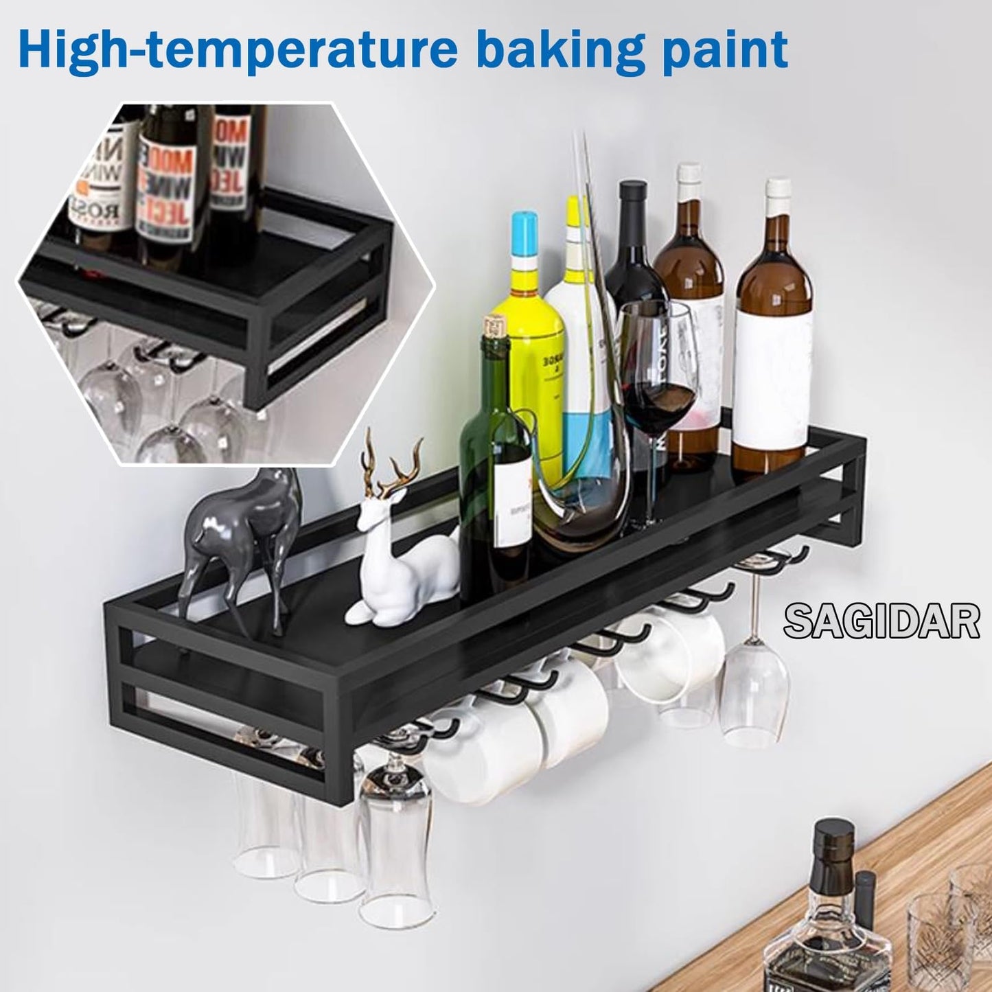 LWJQRSP Heavy-Duty Glass Wine Rack Support 60/80/100cm Hanging Wine Glass Holder Floating Wall Wine Storage Black/White/Gold Screw Installation High Load Capacity for Cafe Bar Restaurant