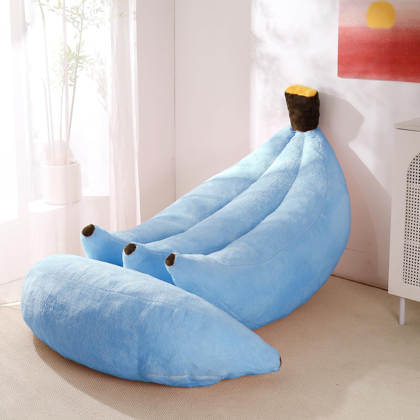IEVENW Banana Bean Bag Chair with Ottoman, Floor Sofa Bed with Footrest, Comfy Convertible Lounger for Adults, Plush Couch for Bedroom, Living Room or Dorm, L-SkyBlue