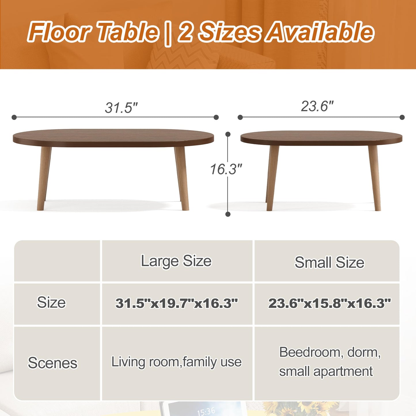 FURMORENE Coffee Table Low Table with Solid Wood Legs, 31.5x19.7 Large Coffee Table Side Table, Floor Table Desk for Sitting on The Floor, Living Room Furniture for Office Apartment Home, Oval Walnut