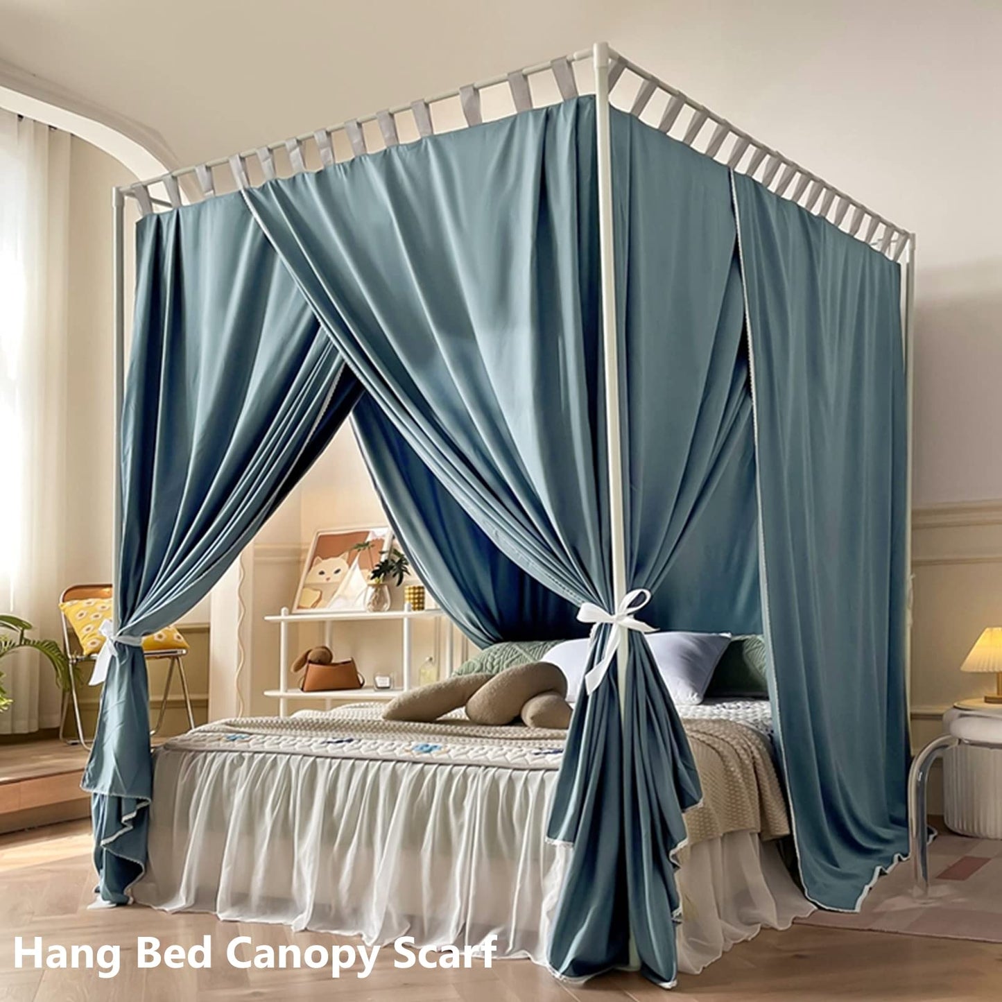 AIKASY Full Size Canopy Bed Frame with Outer Support, Thickened Metal Poles & Four Corner Brackets, Compatible with Metal/Wood Base for Bedroom Decor (White)