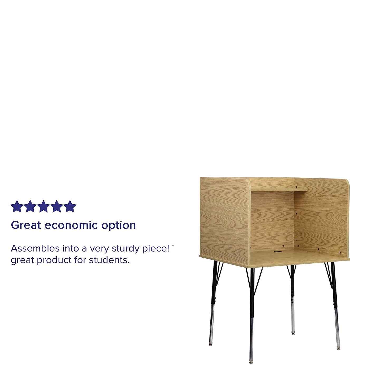 Flash Furniture Justin Study Carrel - Oak Finish with Top Shelf - Height Adjustable Legs - Wire Management Grommet