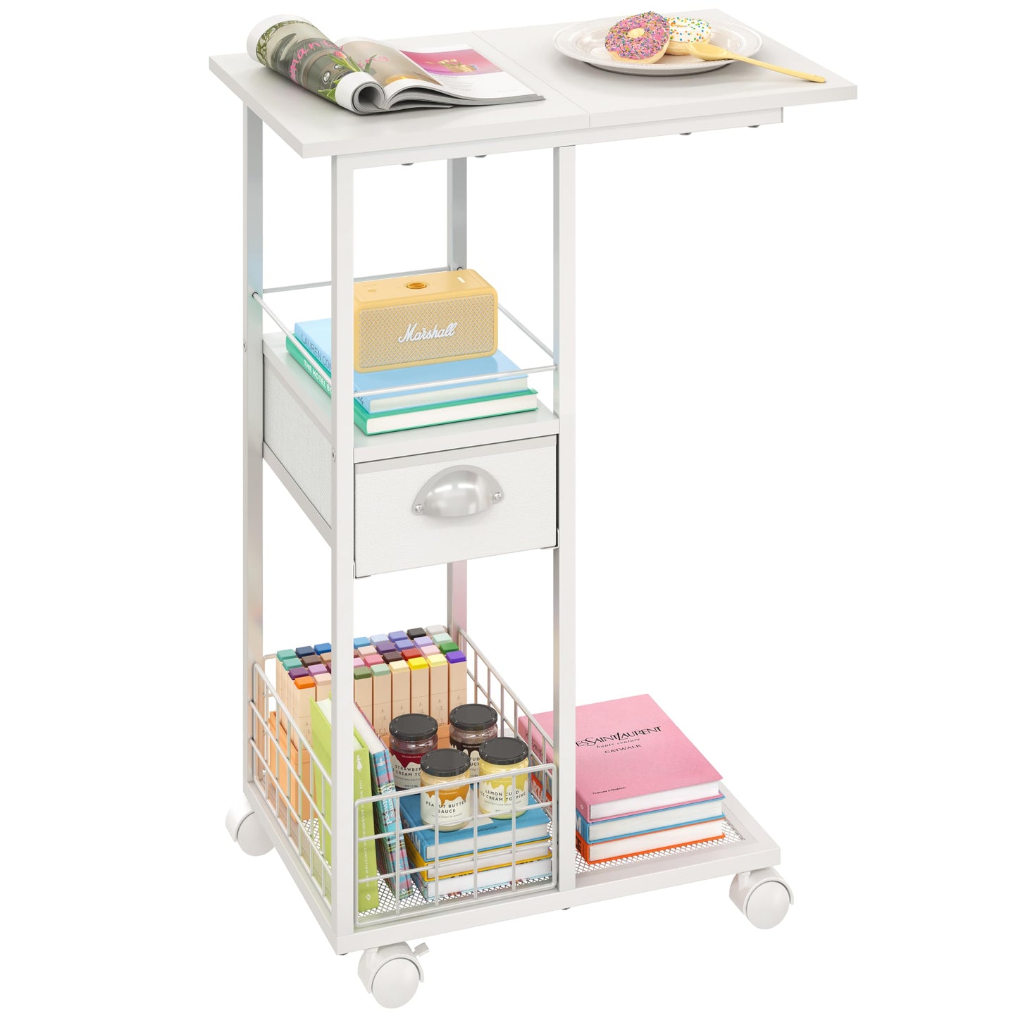 Rolling Side Table with Storage Drawer, White Bedside Table with Wheels, TV Tray for Sofa, Portable Desk on Wheels, Modern Night Stand, Overbed Table for Bedroom, C Shaped End Tables Living Room