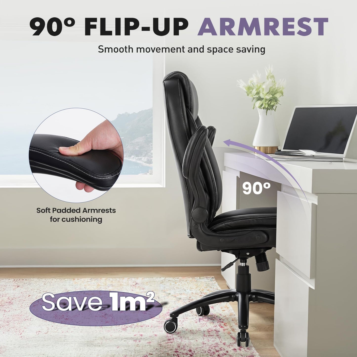 MALOL PU Leather Ergonomic Office Chair -Adjustable Height & Tilt Tension, 300lbs Thick Padded Seat Executive Desk Chair with Flip-Up Armrests & Reclining Backrest, Black