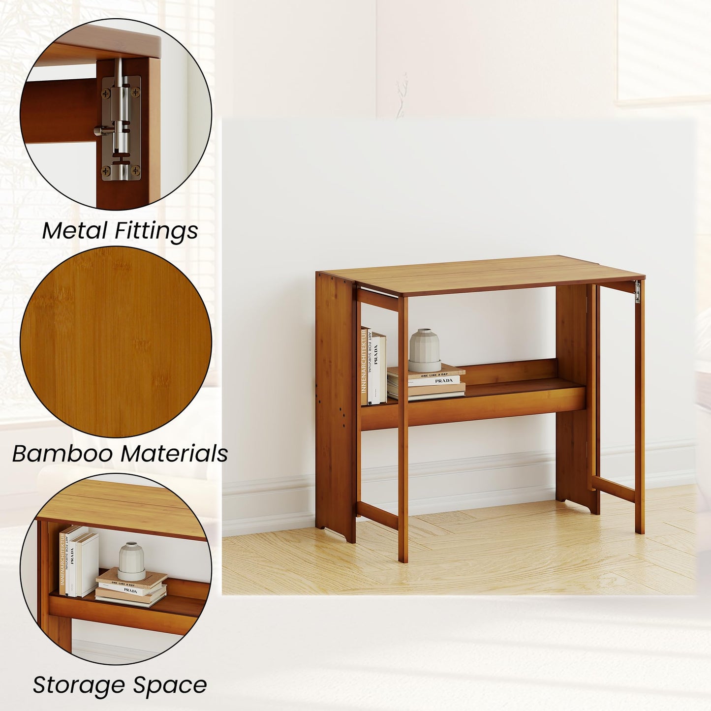 petour Wood Foldable Desk,Space Saving Foldable Table Bamboo Folding Desk Study Table with Bookshelf for Office Home Study Bedroom