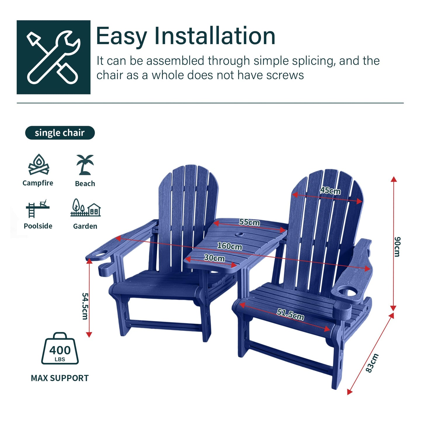 Adirondack Chairs Set of 2 Tool-Free Assembly,Removable Tabletop Tray,No Screws Needed,All-Weather HDPE Outdoor Patio Furniture Set with Cup Holders,Outdoor Lawn Chair for Patio Garden(Navy Blue)