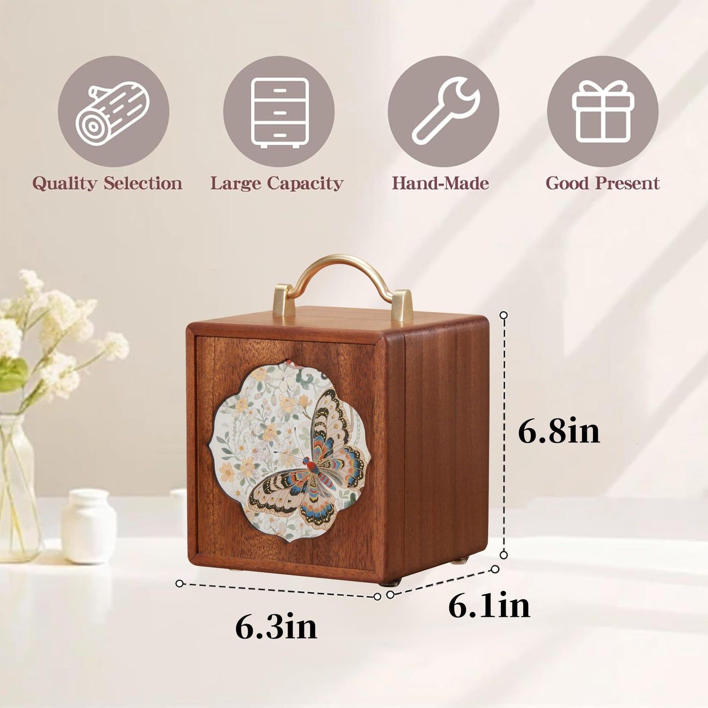 KAOTGOT Wooden Jewelry Box for Women 4 Tier Walnut Wooden Jewelry Box with handle (Butterfly Prints B)