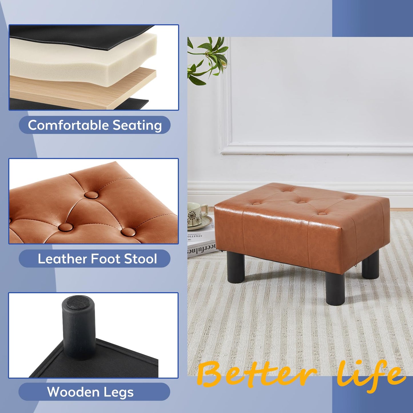 FIMIVIBI Small Foot Stool Ottoman, Faux Leather Footstool Ottoman Foot Rest for Couch, Rectangle Footstools and Ottomans Small for Living Room, Entryway and Bedroom (Bright Brown)