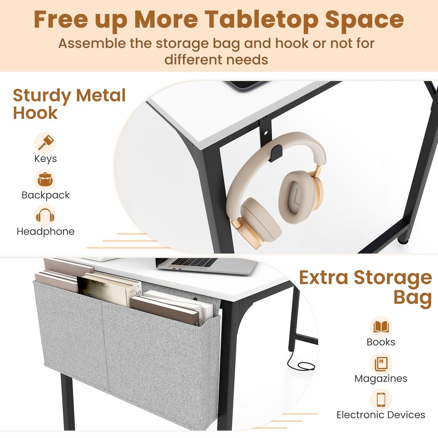 Giantex 32 Inch Computer Desk with Charging Station, Home Office Writing Desk with Storage Bag & Headphone Hook, Compact Gaming Table PC Workstation, Modern Simple Laptop Desk for Bedroom, Study