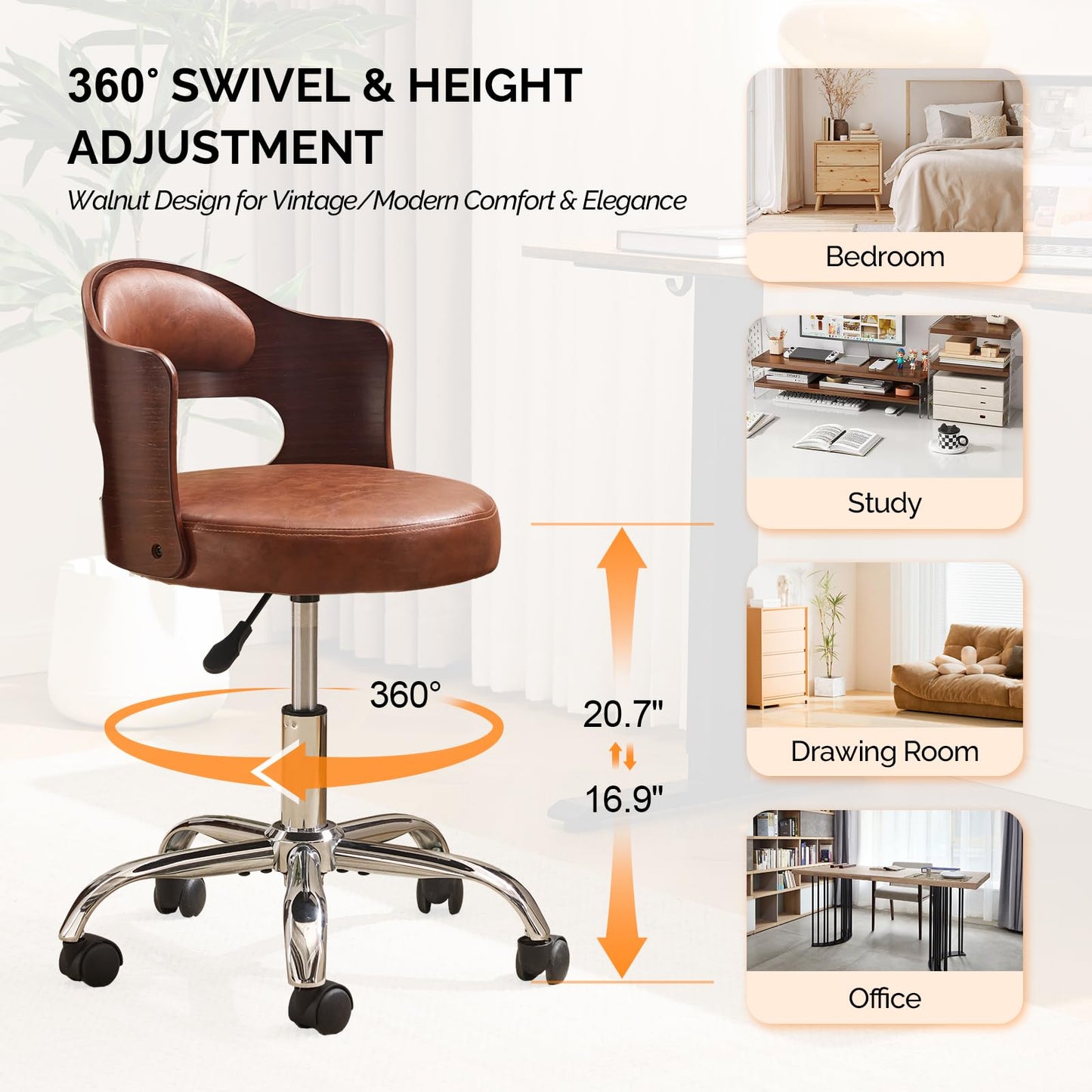 VINGLI Armless Home Office Desk Chair, Adjustable Swivel Chair,Dual-Use with/no Wheels,Small Retro Designed Walnut Curved Task Chair,Cushioned Nail Tech Chair for Study Area,Workspace,PU,Brown