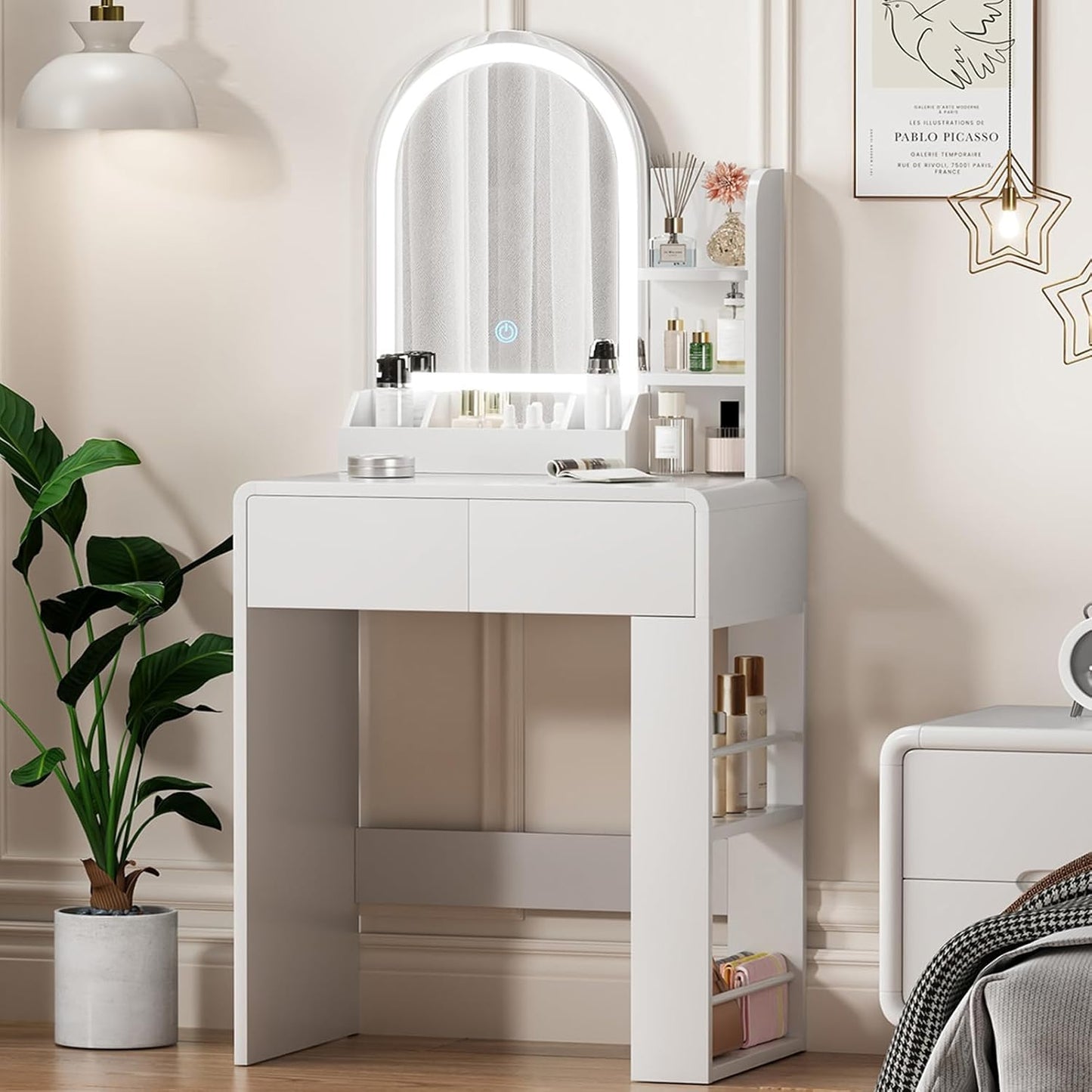 JanflyHome Vanity, Small Vanity Desk with Mirror and Lights, Side Shelf Storage Space, Compact Girls Dressing Table in Bedroom, Modern Round Curved Design, White