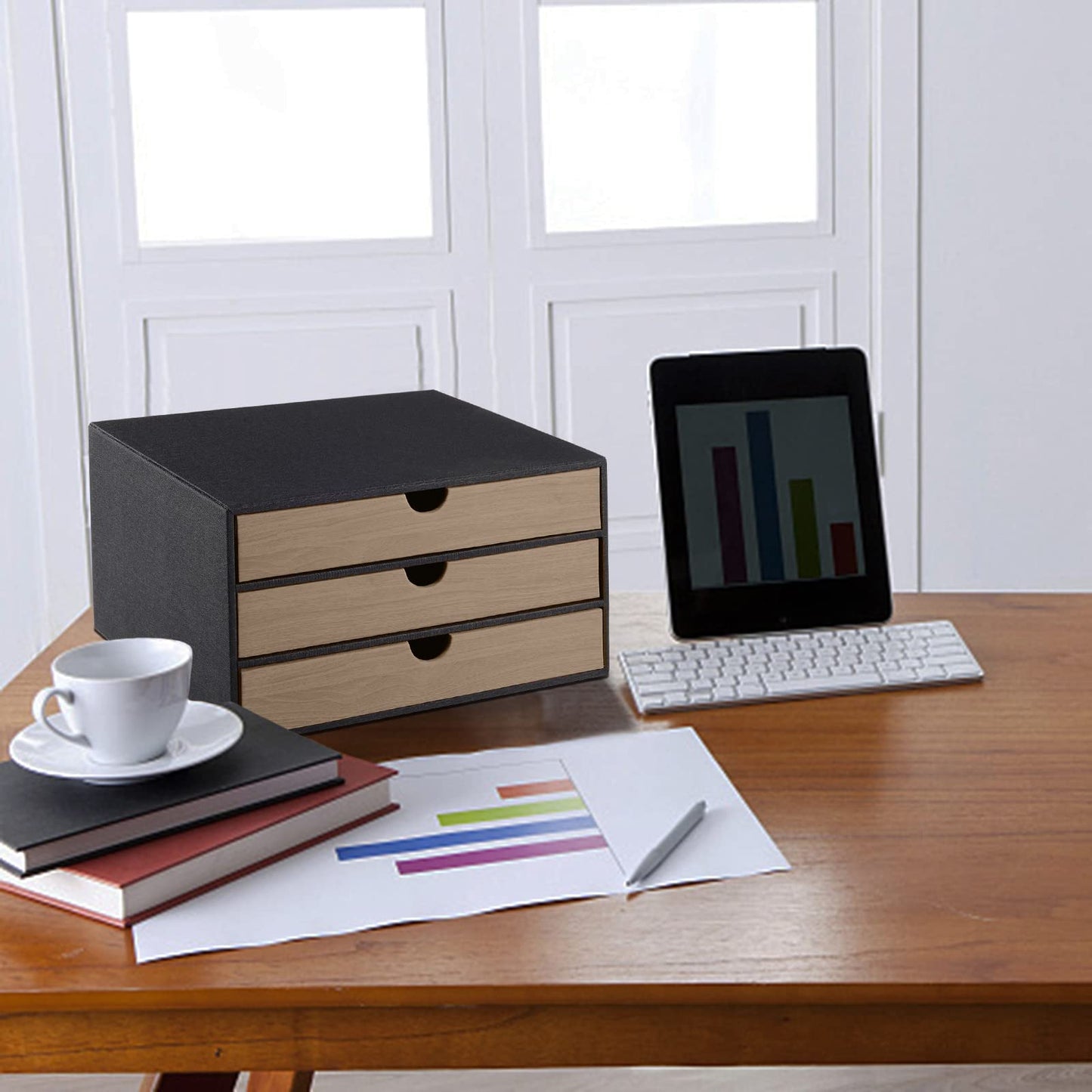 XNONE PU Leather Desk Organizer with 3 Drawers,Executive Office Supplies Desktop Filing A4 File Cabinet/Holder for Jewelry/Bill/Paper/Documents/Makeup Home Decor Stationery Storage Box,Black
