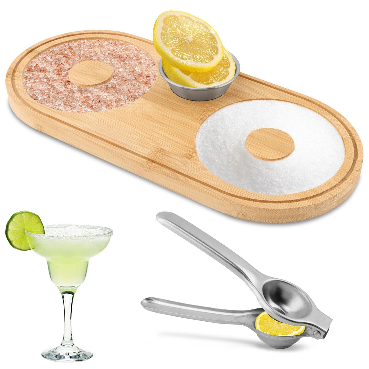 Margarita Salt Rimmer Set, Sugar and Salt Rimmer for Cocktails with Bowl and Lemon Squeezer, Wood Bamboo Salts Rimmers for up to 4.72" Rims, Margarita Kit and Bartender Tool