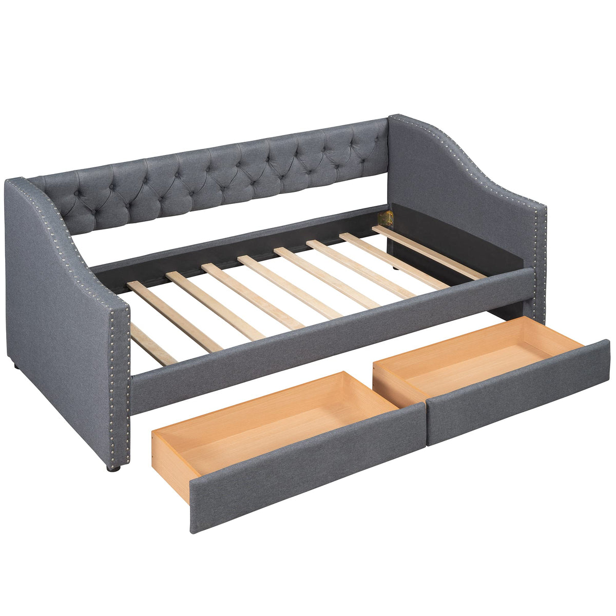 Merax Upholstered Twin Daybed Frame with 2 Storage Drawers, Linen Fabric Wood Sofa Bed, Diamond-Tufted Backrest & Rivets Armrests, Sturdy Wood Slat Support, No Box Spring Needed, Bear 400LBS, Gray