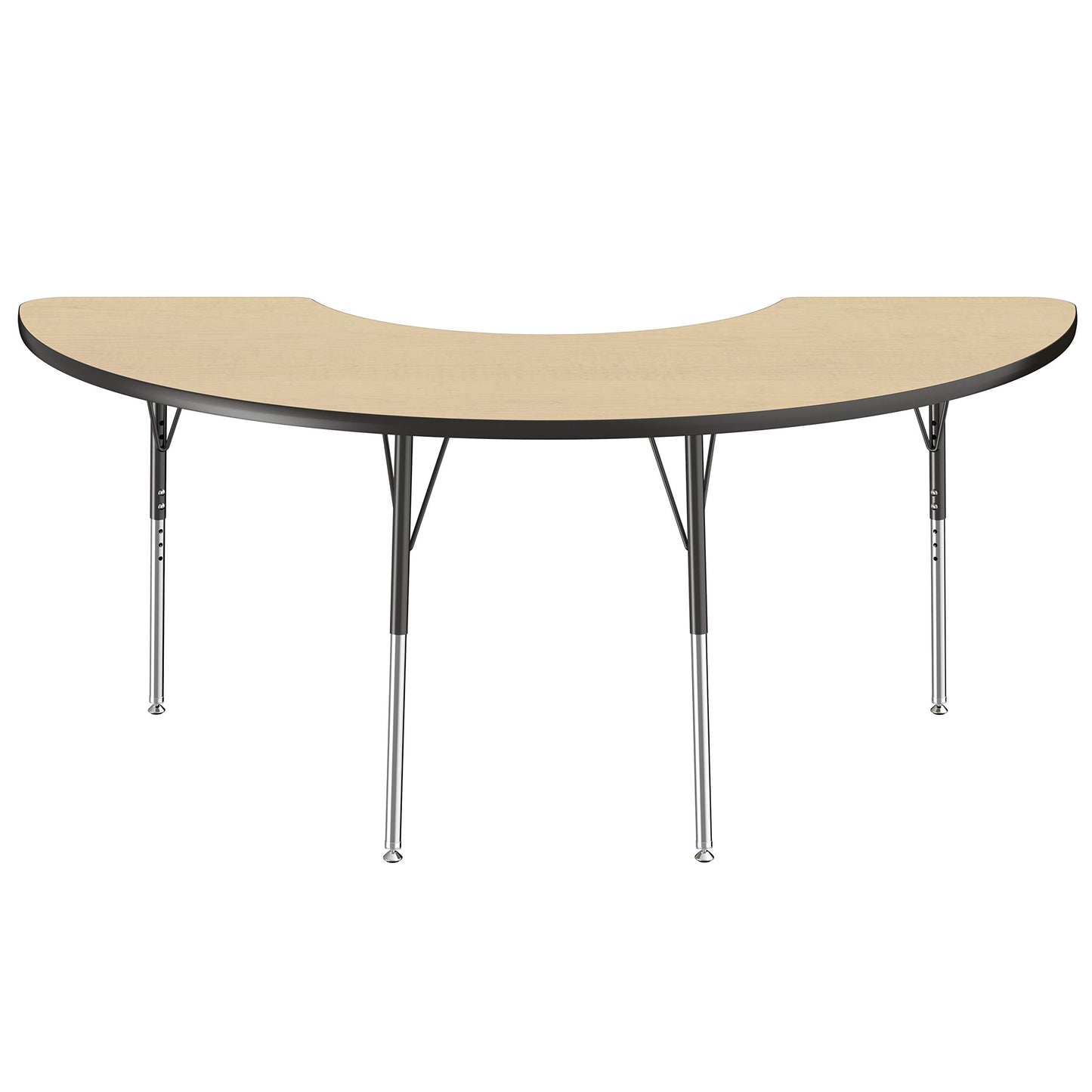 FDP Half Moon Activity School and Office Table (36 x 72 inch), Standard Legs with Swivel Glides for Collaborative Seating Environments, Adjustable Height 19-30 inches - Maple Top and Black Edge