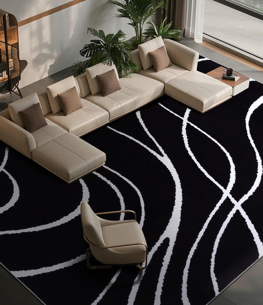 YIHOUSE Black Modern Area Rugs 9x12,Large Black and White Washable Rug for Living Room,Thin Abstract Geometric Rug,Minimalist Striped Rugs for Bedroom,Office