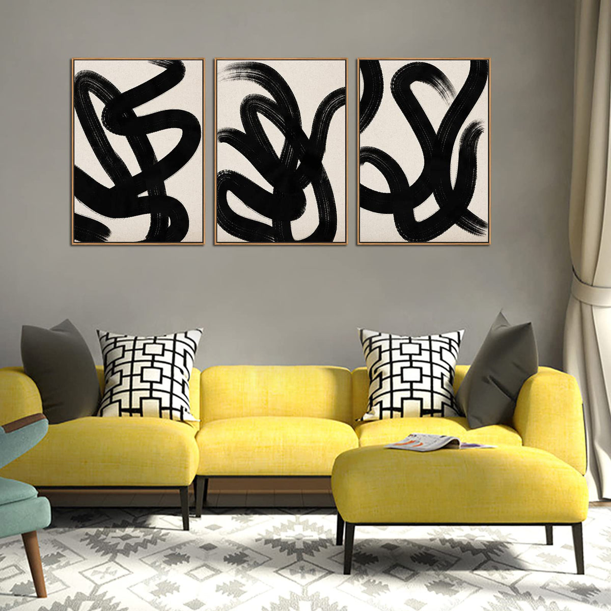 Framed Wall Art Canvas Set Abstract Lines Pictures Modern Mid Century Boho Wall Decor Minimalist Abstract Black Stroke Lines Canvas Painting Artwork Living Room Bedroom Home Office 20"x28"x3 Natural